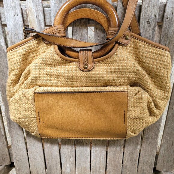 FOSSIL Tweed Fabric Wood Handle Satchel Crossbody Bag - Picture 5 of 6